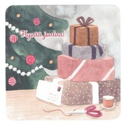 Joulukortti Linnapaperi: lahjapaketteja joulukuusen vieressä