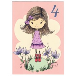 Kortti onnittelukortti tyttö tai poika lila mekko ja kukkia