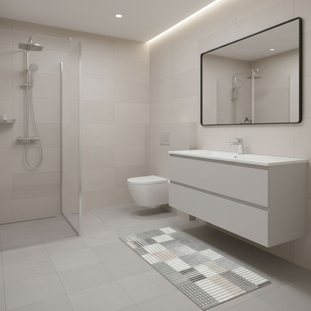 Kylpyhuonematto SOFT 65 cm Ruutu valkoinen ja harmaa