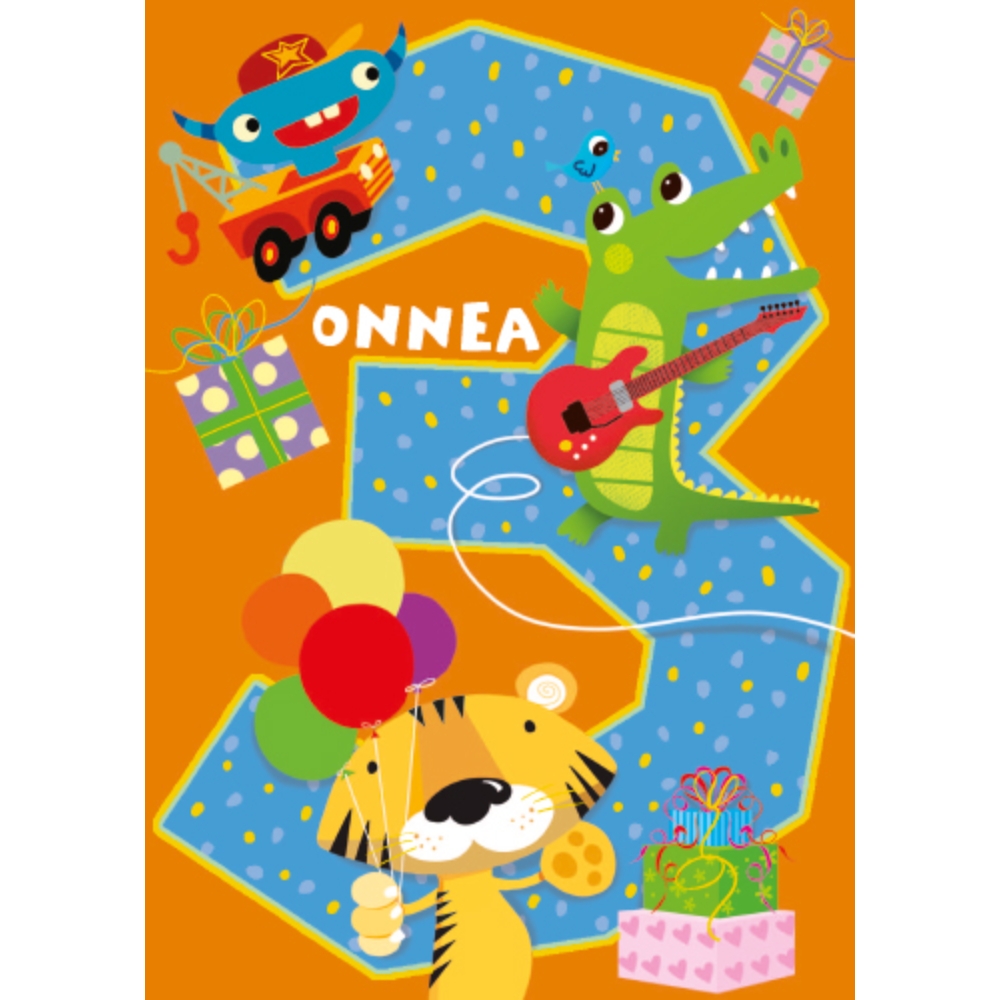 Onnittelukortti 3 vuotta krokotiili ja tiikeri