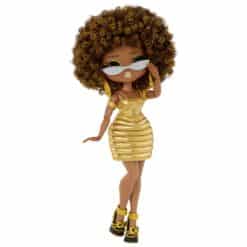 nukke, jolla on ruskeat afro-hiukset ja päällään kultainen lyhyt mekko