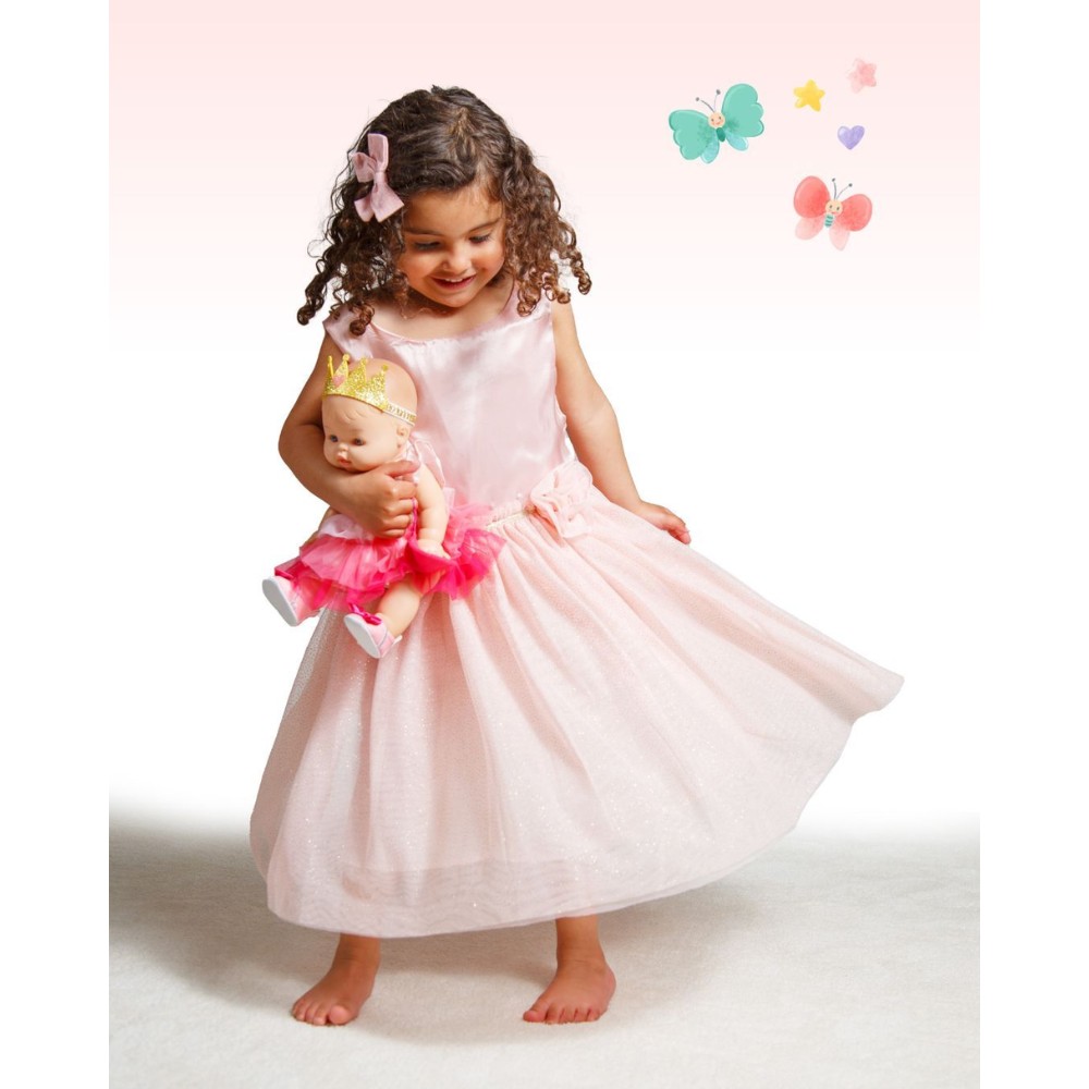 Nuken röyhelömekko, laukku ja kruunu